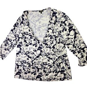 Talbots Shirt Womens 2X Petite Blue White Floral V Neck Surplice Wrap 3/4 Sleeve